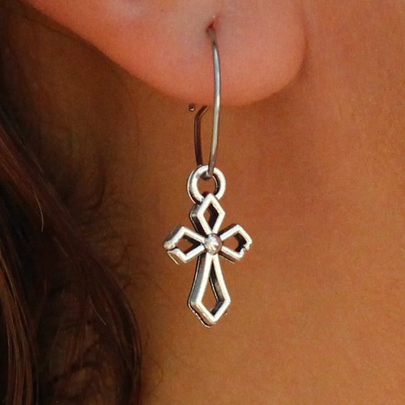 Hollow Gothic Cross Small Wire Hoop Stainless Steel Earrings - Picture 1 of 3